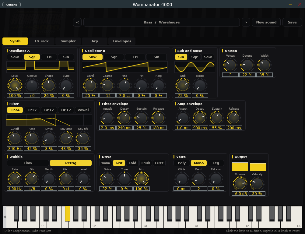 The Wompanator 4000 editor: oscillator A and B, sub and noise, unison, voice, filter with a live response curve, filter and amp envelopes, wobble with a scope, drive, output meter and a playable keyboard